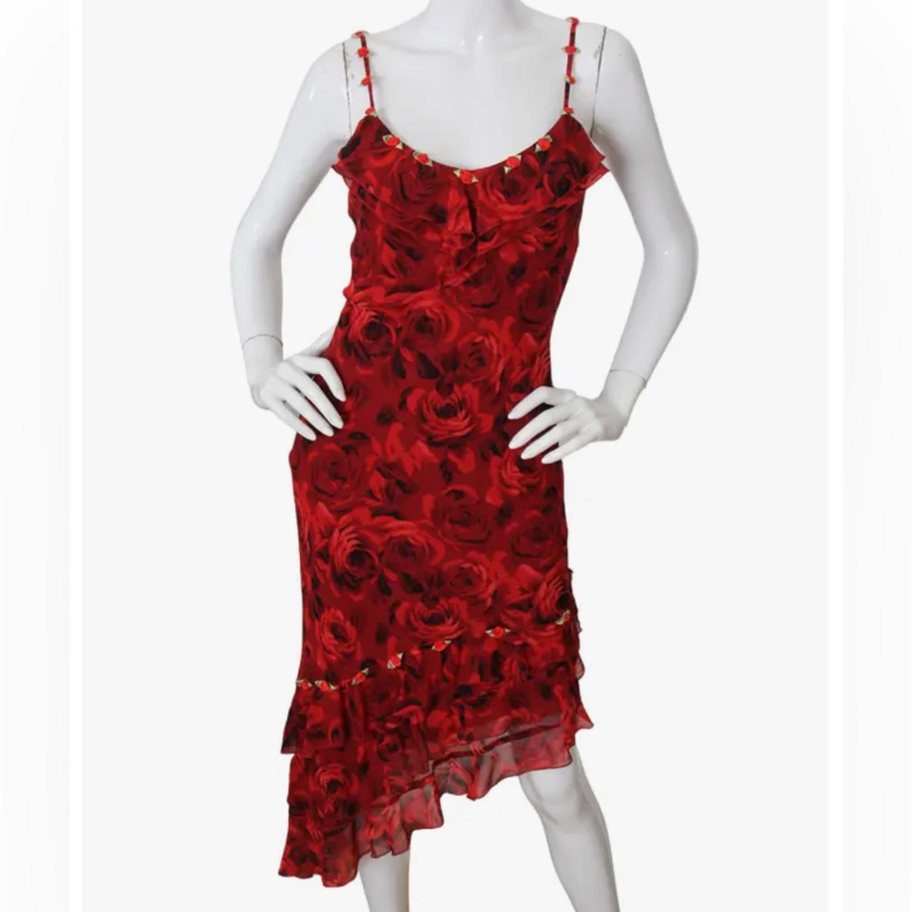 VINTAGE SILK CACHE MIDI DRESS ROSES 2 4 XS S